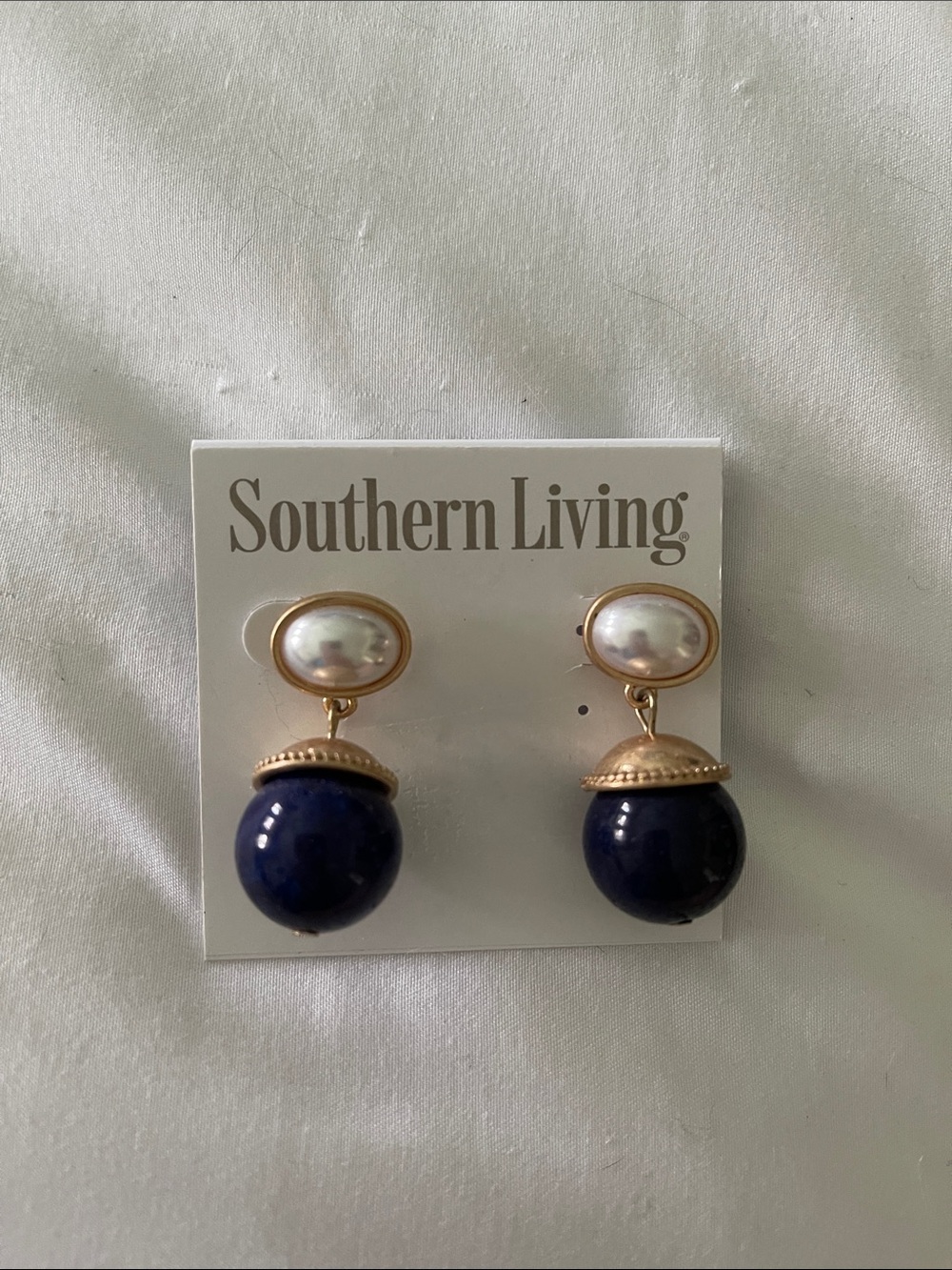 Southern Living Pearl Top with Navy Orb Drop Earrings